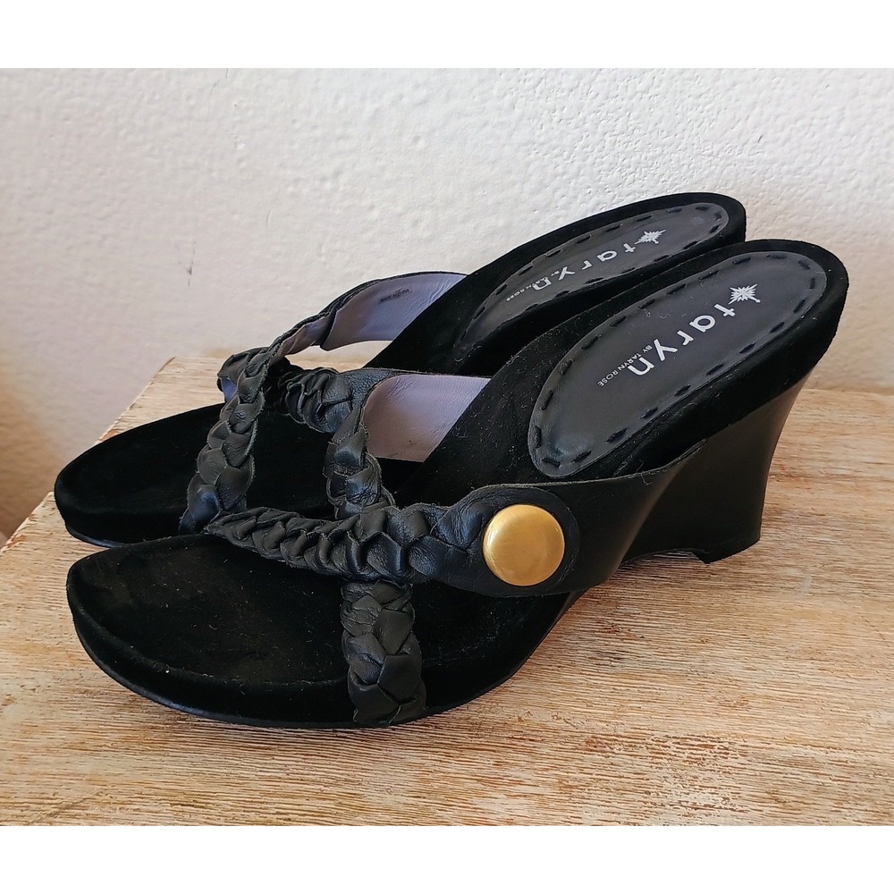 Taryn Rose Black Braided Leather Wedge Sandals Gold Button Sz 11 Slip On